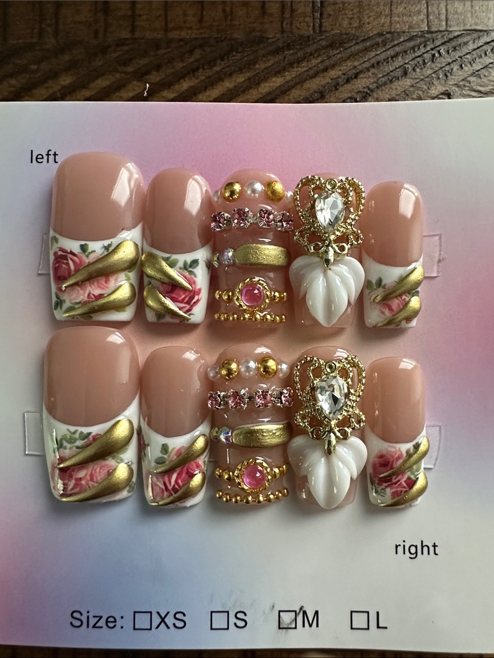 Nude Pink Floral and Gold Accent Press-On Nails - Pink